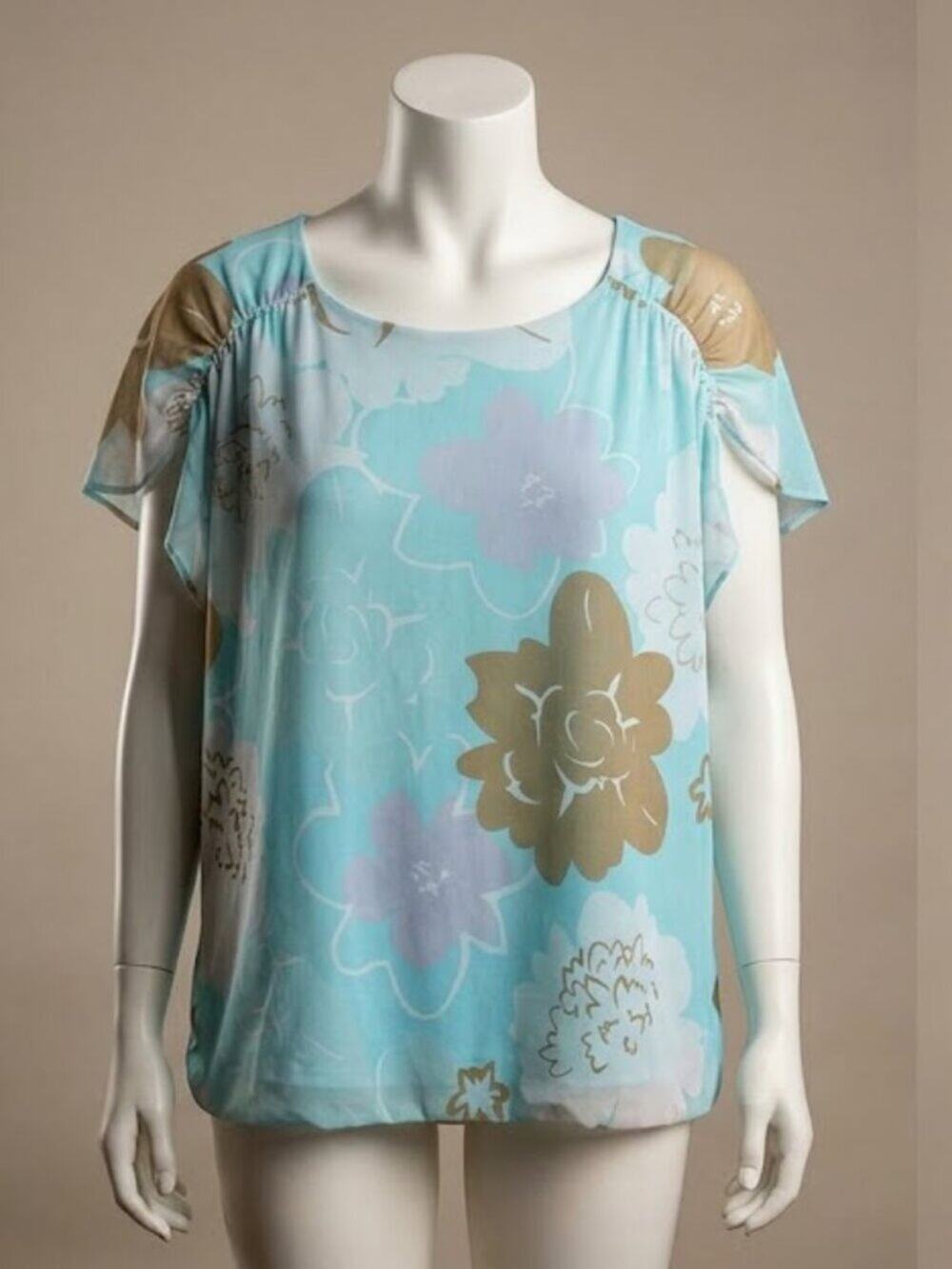 Alfani Aqua Blue Floral Sheer Lined Blouse 2X Short Flutter Sleeve Top
